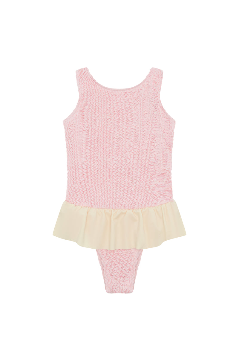 <B> NEW! </B>- PIPER FRILL ONE PIECE - BLUSH/CREAM - <B> SPF 50+ </B>